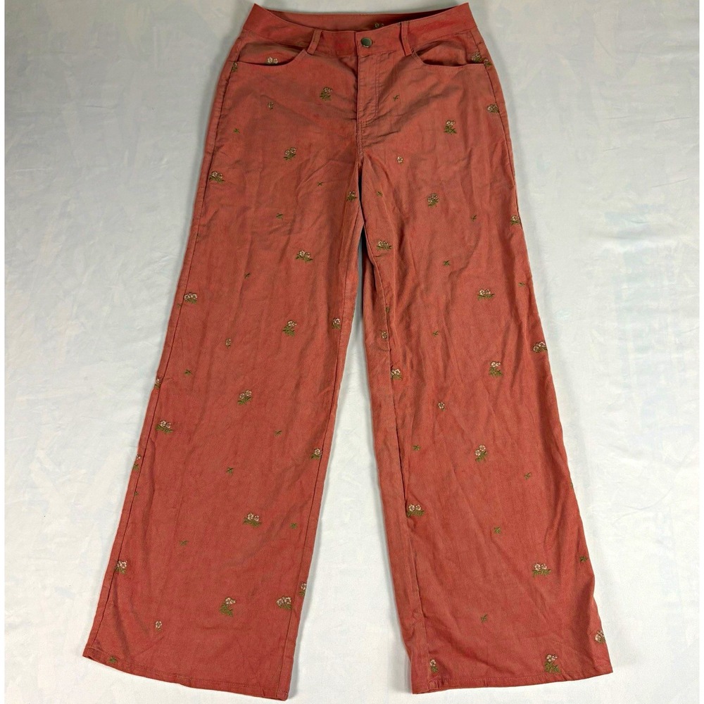 Le Lis Pink Corduroy Wide Leg Pants Womens S Embroidered Floral High Rise NWT